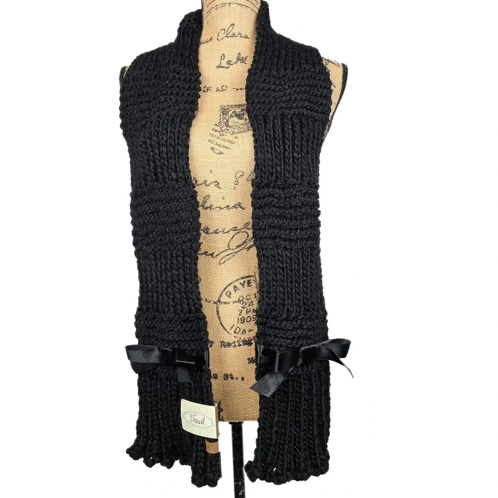 Fossil Lacey Lurex Black Chunky Knit Scarf with Satin Bows Metallic CW4003001